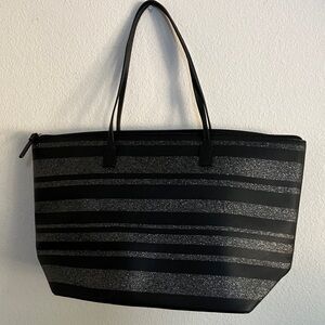Kate Spade Black and Silver Spark Hani Glitter Stripe Tote Haven Lane L bag
